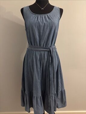 Talbots Chambray Sleeveless Belted Midi Dress - Blue